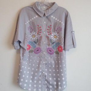 Floral Polka Dot Button Down Short Sleeve Top L